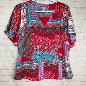 Chico's button up multi color‎ flutter sleeve blouse top sz 1 M, GUC